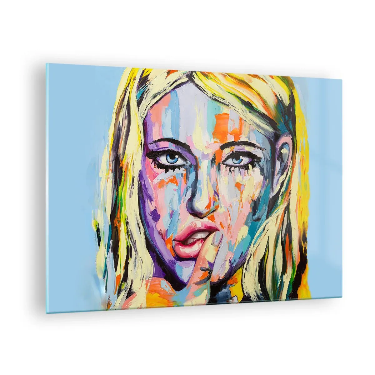 Üveg kép - Egy színes portré egy átgondolt arckifejezésű nőről - 70x50cm - Nézz egyenesen a szemébe - Modern fali dekoráció nappalihoz és hálószobához ARTTOR