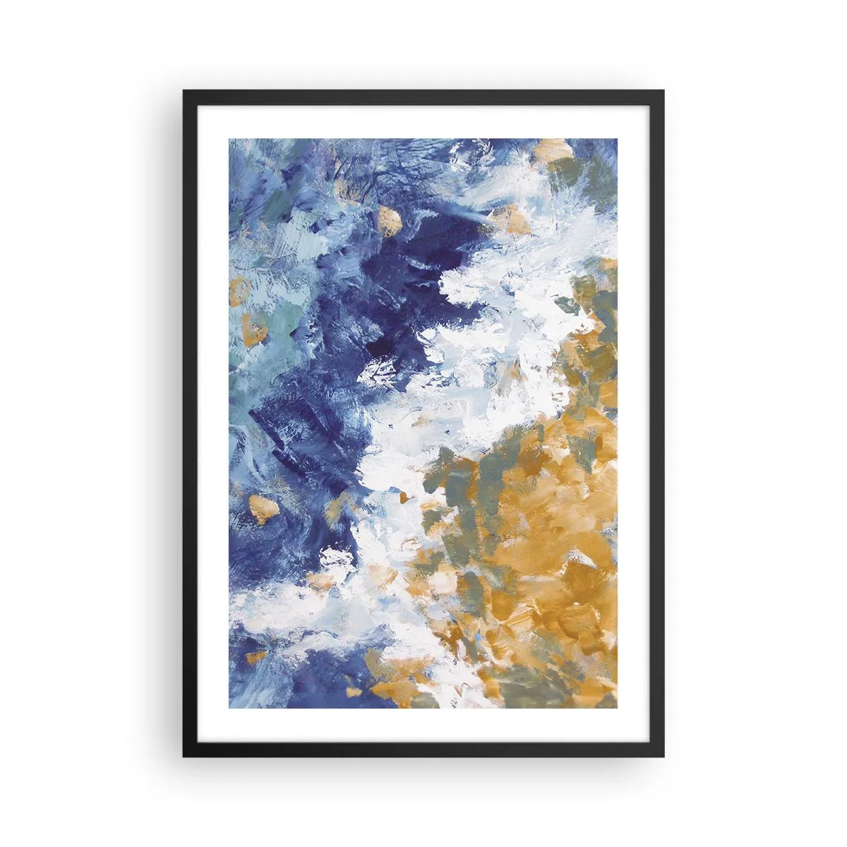 Poszter fehér keretben - Egy absztrakt kompozíció kék, fehér és arany árnyalataiban. - 50x70cm - Az elemek tánca - Modern fali dekoráció nappalihoz és hálószobához ARTTOR