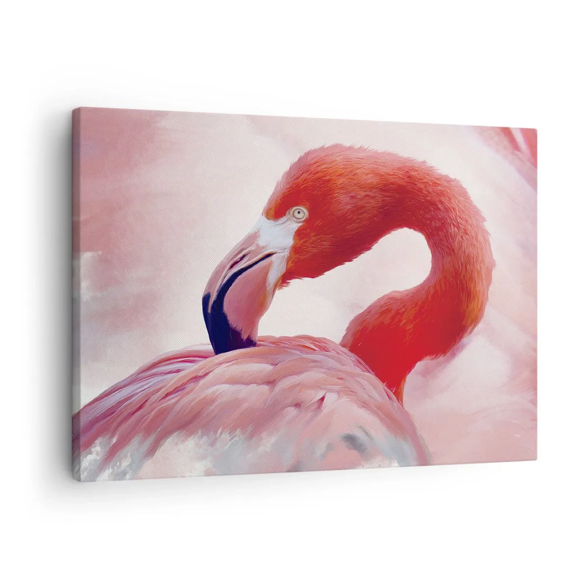 Vászonkép - Egy flamingó rózsaszín árnyalatokban világos háttér előtt - 70x50cm - Madári szépség - Modern fali dekoráció nappalihoz és hálószobához ARTTOR