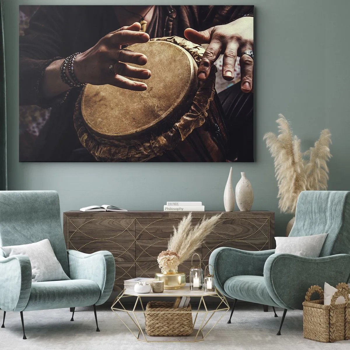 Vászonkép - Kezek játszanak egy hagyományos djembe dobon - 70x50cm - A szív ritmusában - Modern fali dekoráció nappalihoz és hálószobához ARTTOR