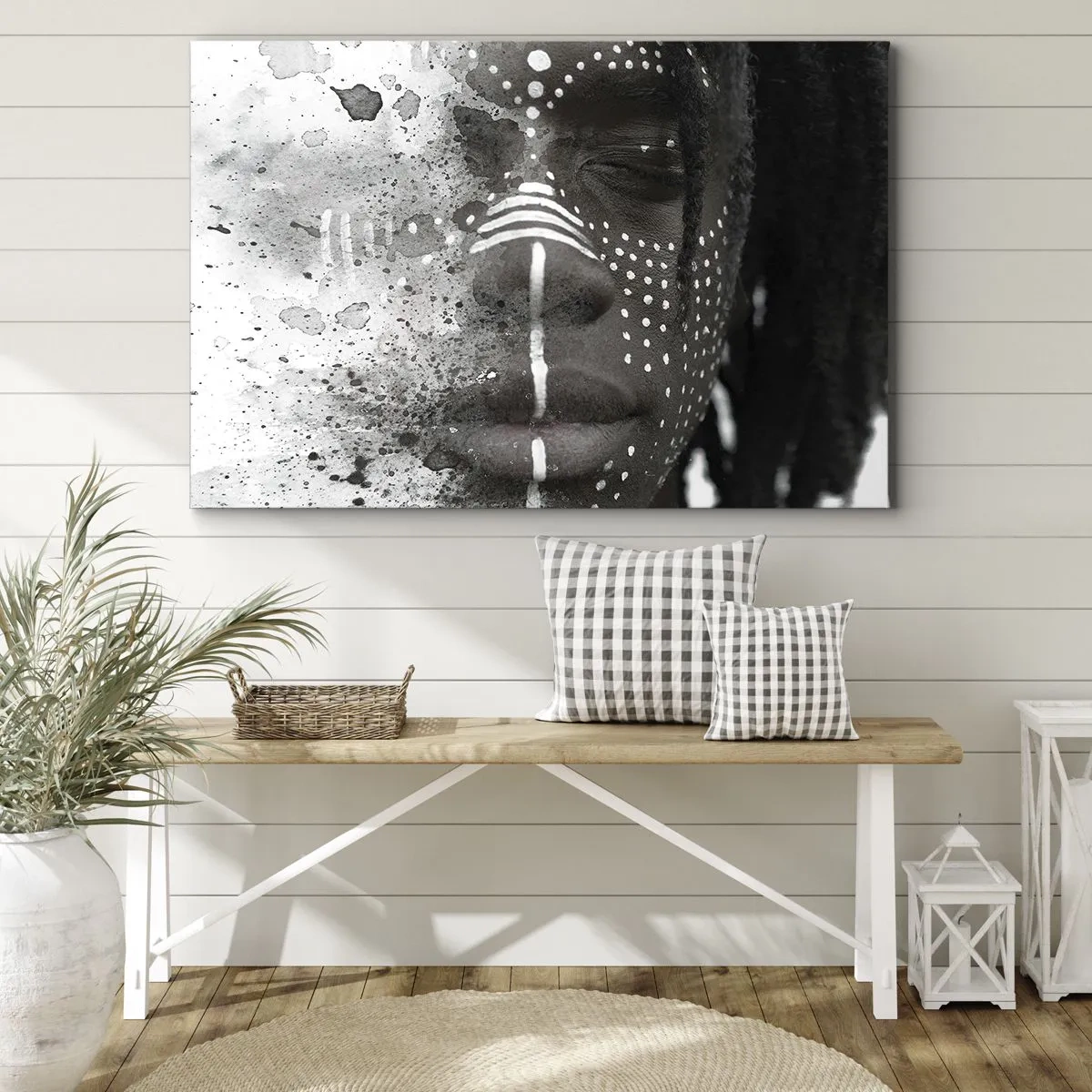 Vászonkép - Művészi arckép absztrakt fehér mintákkal - 70x50cm - Fedezd fel az eredeti szellemet - Modern fali dekoráció nappalihoz és hálószobához ARTTOR