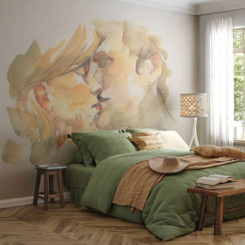 Fotótapéta Standard Eco - Egy csókolózó pár akvarell illusztrációja meleg tónusokkal. - 100x70cm - Meglelt másik fél? - Modern fali dekoráció nappalihoz és hálószobához ARTTOR