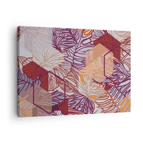 Vászonkép - Dekoratív trópusi levélminta lila, narancs és bézs árnyalatokban. - 70x50cm - Lehetetlen kapcsolat a geometria és a természet között - Modern fali dekoráció nappalihoz és hálószobához ARTTOR