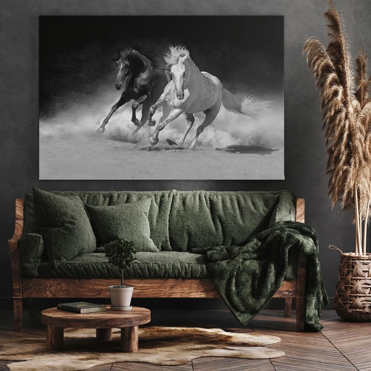 Vászonkép - Futó lovak fekete-fehérben - 70x50cm - A szabadság vágtája - Modern fali dekoráció nappalihoz és hálószobához ARTTOR