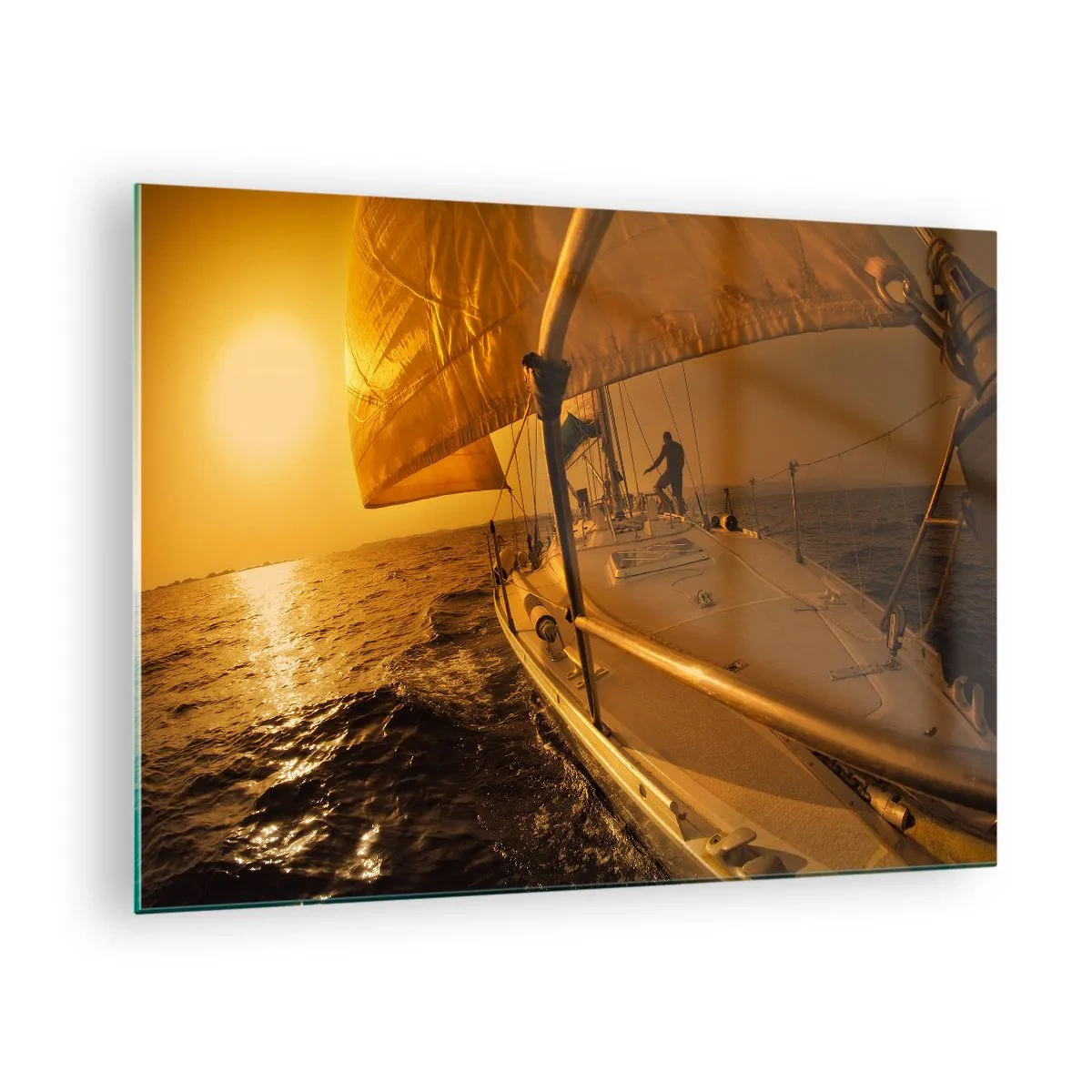 Üveg kép - Egy vitorlás a lenyugvó nap hátterében - 70x50cm - Arany este egy színes nap után - Modern fali dekoráció nappalihoz és hálószobához ARTTOR
