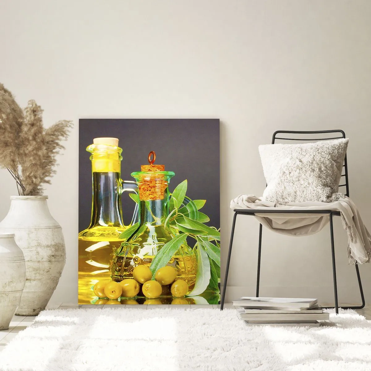Üveg kép - Csendélet olívabogyóval és olívaolajjal - 70x100 cm