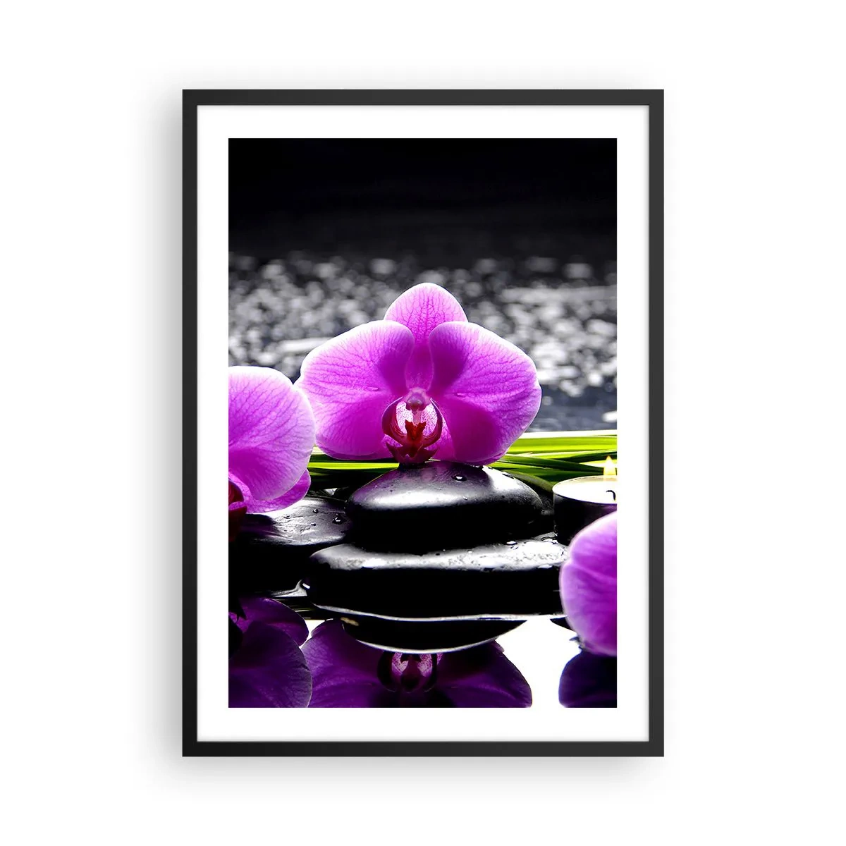 Poszter fehér keretben - Egy lila orchidea kövek és víz hátterében, wellness-szerű környezetben - 50x70cm - Elmerülni a békében és a csendben - Modern fali dekoráció nappalihoz és hálószobához ARTTOR