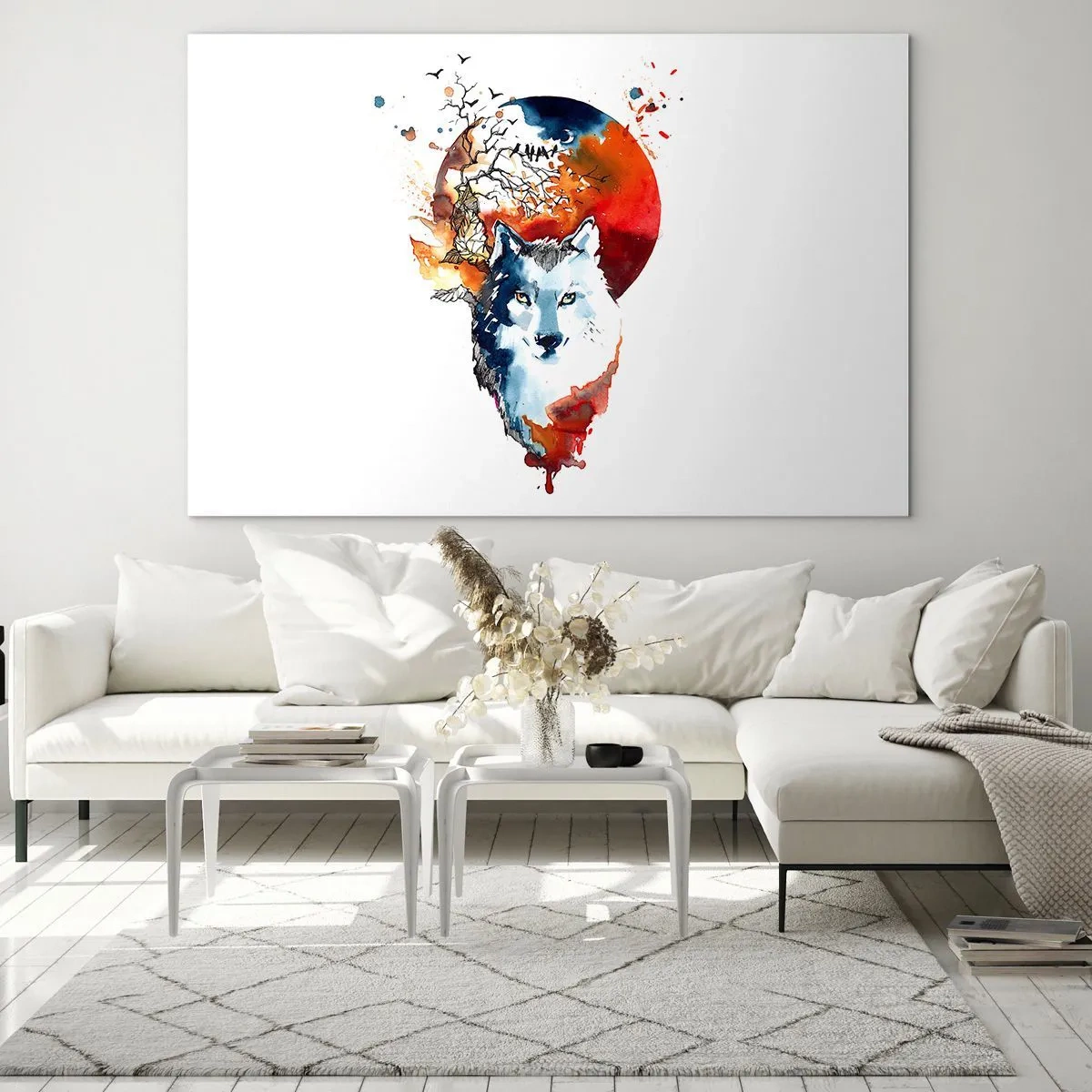 Üveg kép - Illusztráció egy farkasról, teliholddal a háttérben - 70x50cm - Szembe az éjszakával - Modern fali dekoráció nappalihoz és hálószobához ARTTOR