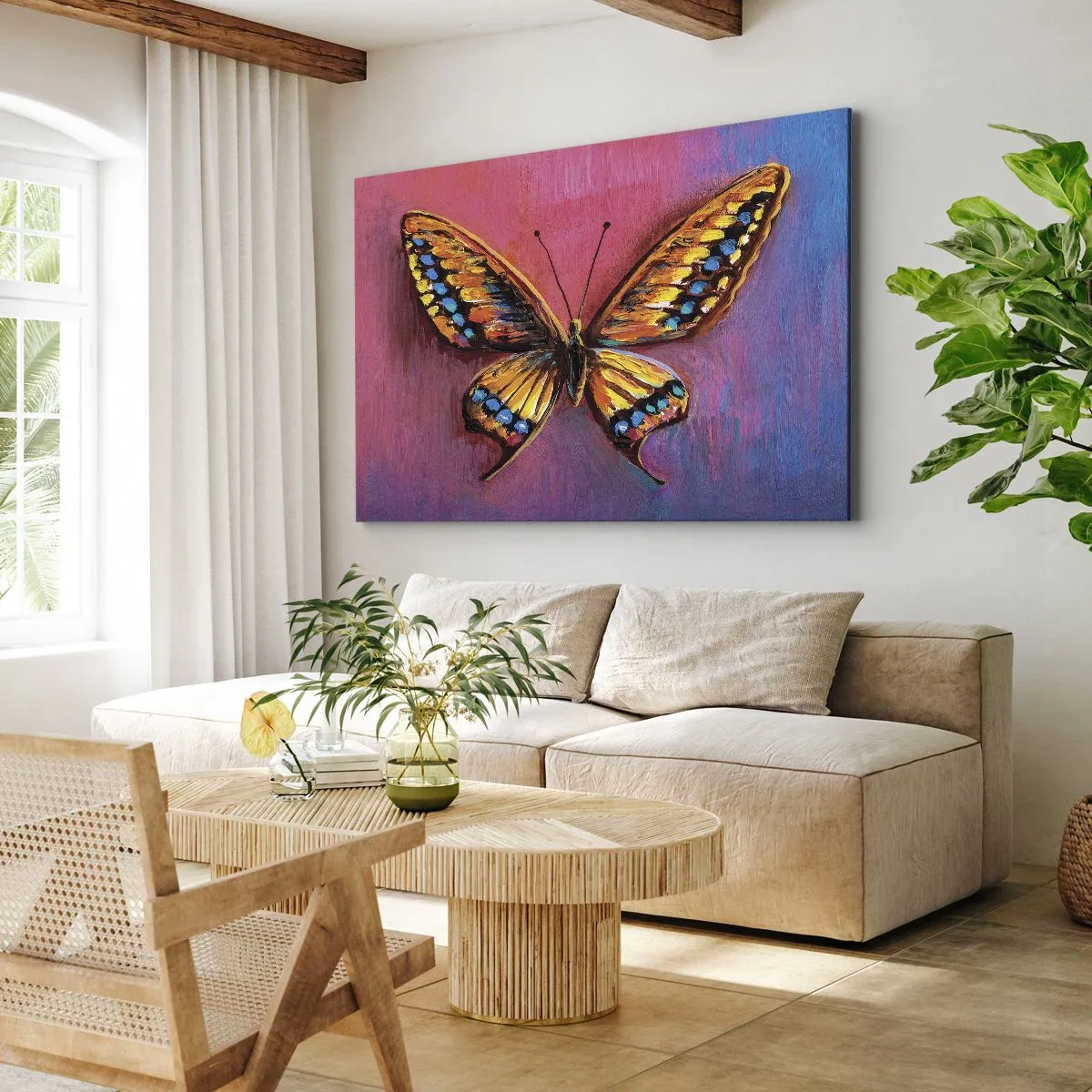 Vászonkép - Színes pillangó absztrakt háttéren - 70x50cm - A természet gyöngye - Modern fali dekoráció nappalihoz és hálószobához ARTTOR