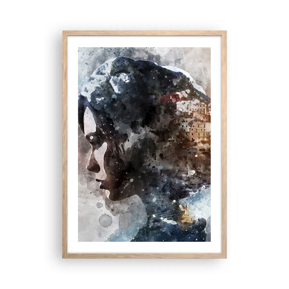 Poszter világos tölgy keretben - Történet egy lányról, várossal a háttérben - 50x70 cm