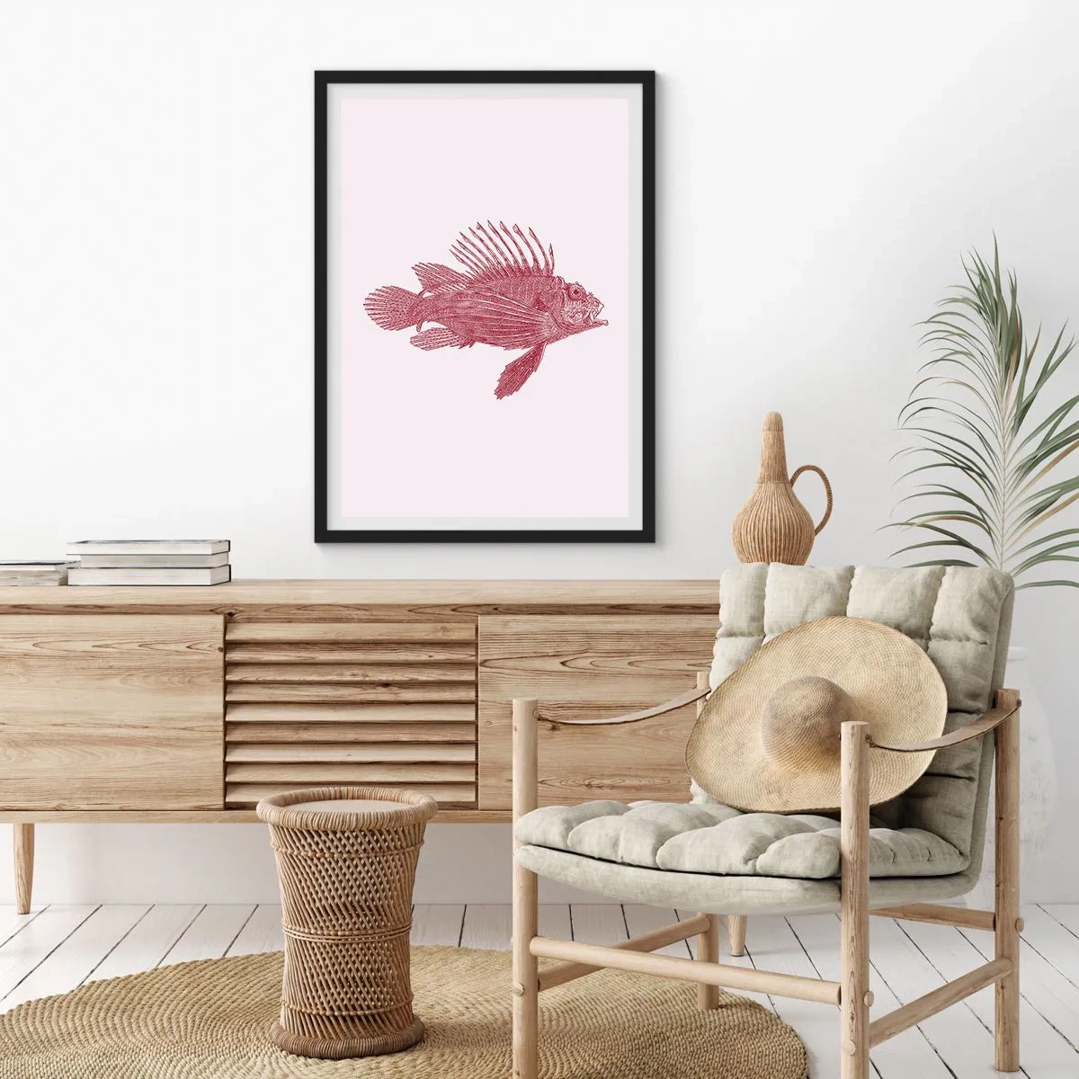 Poszter fehér keretben - Vintage stílusú halrajz világos háttéren - 50x70cm - Egzotikus vizek lakója - Modern fali dekoráció nappalihoz és hálószobához ARTTOR