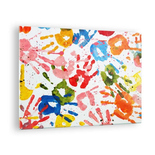 Üveg kép - Színes kéznyomatok fehér alapon - 70x50cm - Kövesd a nyomokat - Modern fali dekoráció nappalihoz és hálószobához ARTTOR