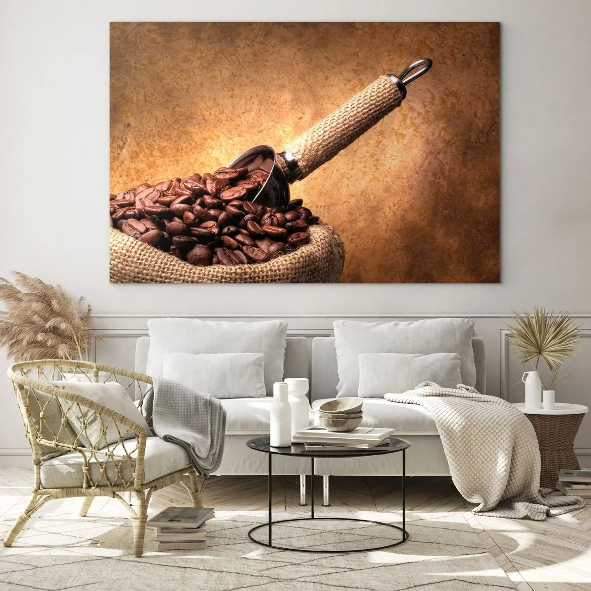 Üveg kép - Kávébabok jutazsákban, fémkanállal - 70x50cm - Az íz forrásánál - Modern fali dekoráció nappalihoz és hálószobához ARTTOR