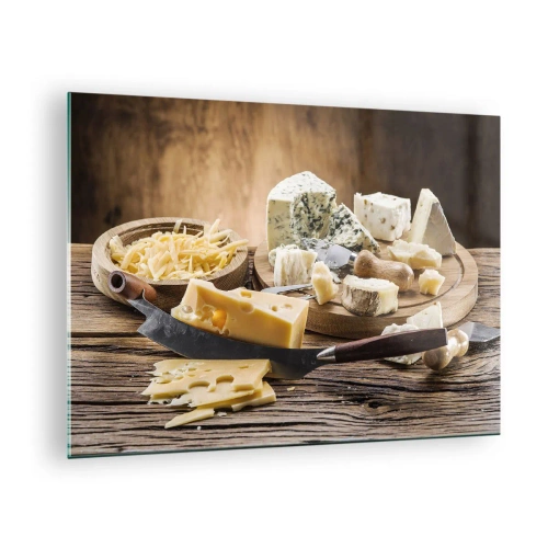 Üveg kép - Sajttál késsel rusztikus asztalon - 70x50cm - Mosolyogj a sajtra - Modern fali dekoráció nappalihoz és hálószobához ARTTOR