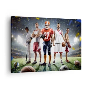Vászonkép - Különböző sportágak sportolóinak dinamikus jelenete a stadionban, reflektorfényben - 70x50cm - Mezei gladiátorok - Modern fali dekoráció nappalihoz és hálószobához ARTTOR