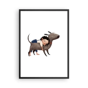 Poszter fehér keretben - Illusztráció egy gyermekről, aki átöleli a kutyáját fehér alapon - 50x70cm - Legjobb barátok - Modern fali dekoráció nappalihoz és hálószobához ARTTOR