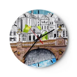 Falióra, Óra - Városi építészet illusztrációja híddal - 30x30cm - Város mint a festményről - Modern fali dekoráció nappalihoz, konyhához és hálószobához ARTTOR