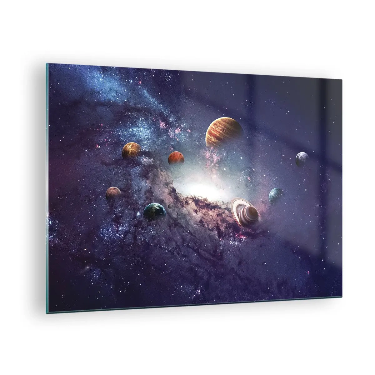 Üveg kép - Egy képzeletbeli látomás a bolygókról, amelyek az űrben forognak - 70x50cm - Napos táncrendszer - Modern fali dekoráció nappalihoz és hálószobához ARTTOR