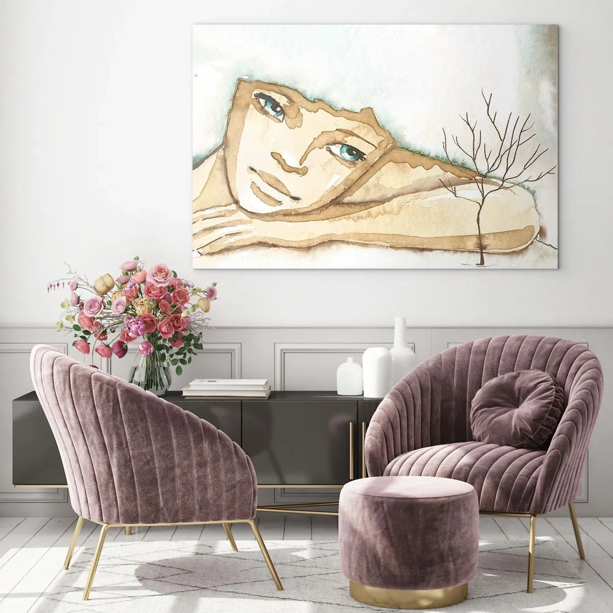 Üveg kép - Egy nő finom alakja egy fával, akvarell színekkel teli háttér előtt - 70x50cm - A csendből nő ki a költészet fája - Modern fali dekoráció nappalihoz és hálószobához ARTTOR