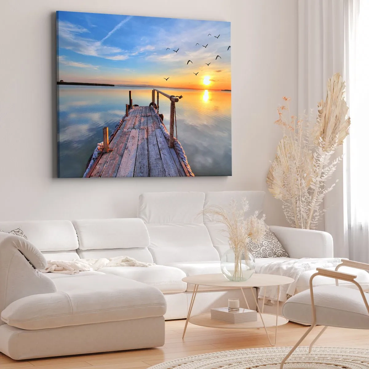 Vászonkép - Fából készült móló naplementekor egy nyugodt tavon - 70x50cm - Menj egyenesen a nap felé - Modern fali dekoráció nappalihoz és hálószobához ARTTOR