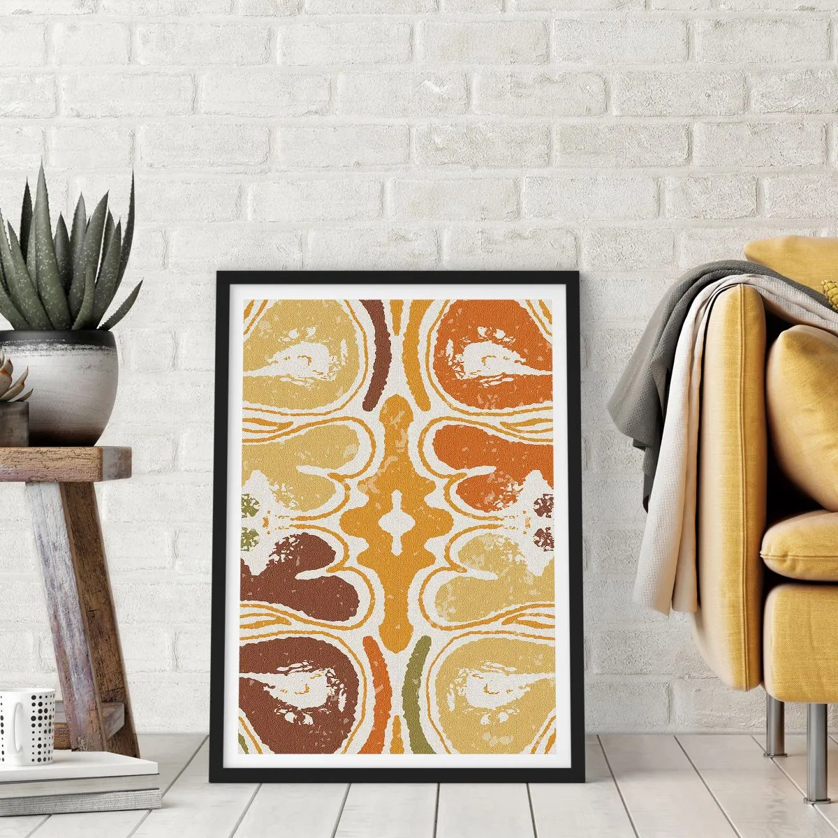 Poszter fehér keretben - Szimmetrikus absztrakció meleg földszínekben - 50x70cm - Érzelmes absztrakció - Modern fali dekoráció nappalihoz és hálószobához ARTTOR
