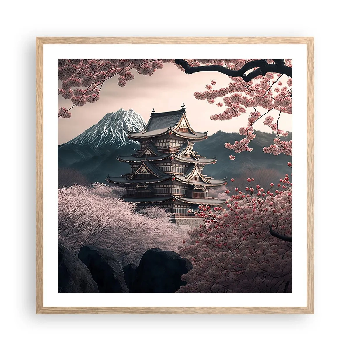 Poszter világos tölgy keretben - A cseresznyevirágzás országa - 60x60 cm