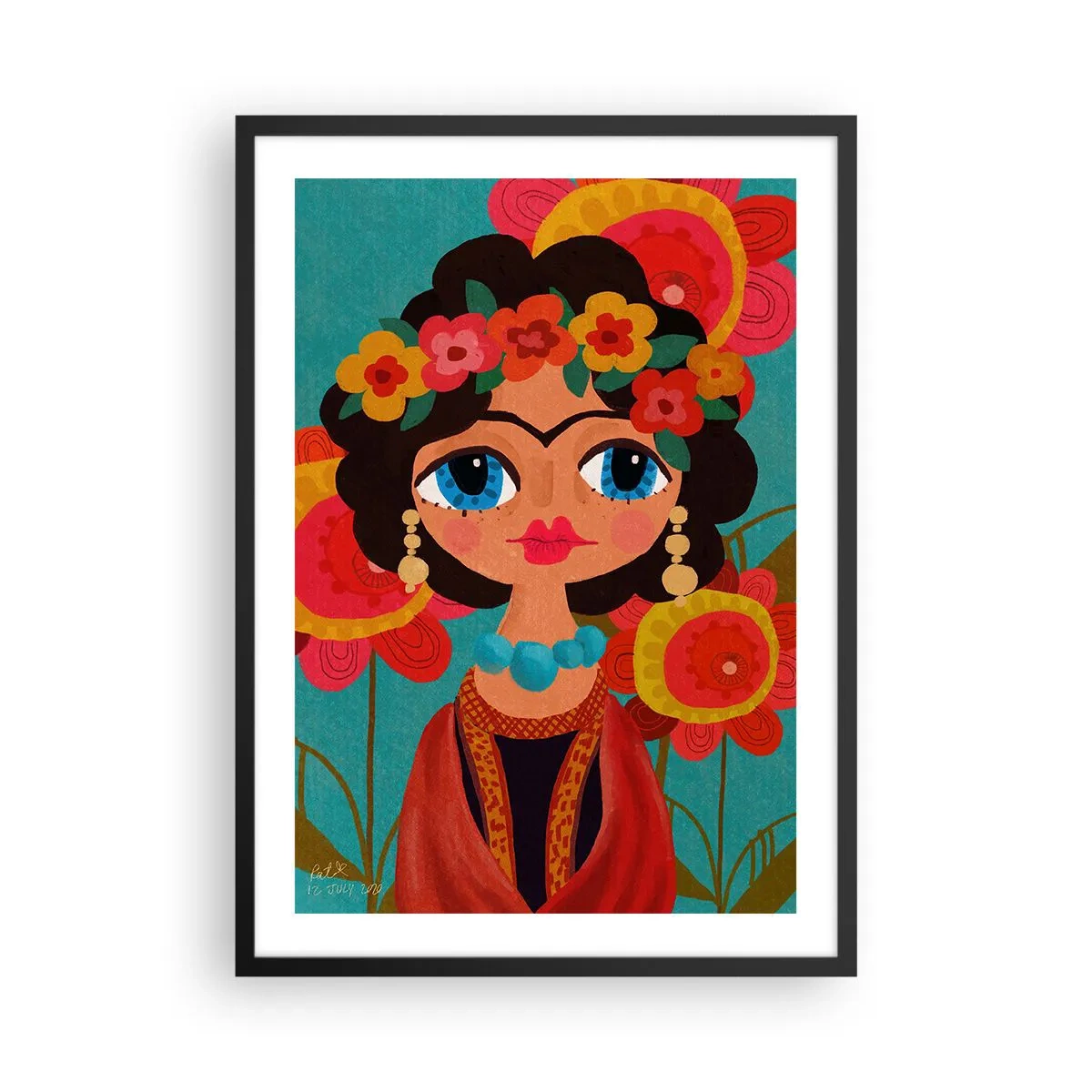 Poszter fehér keretben - Színes portré egy nőről népi stílusban és virágkoronával - 50x70cm - A mákos leány - Modern fali dekoráció nappalihoz és hálószobához ARTTOR