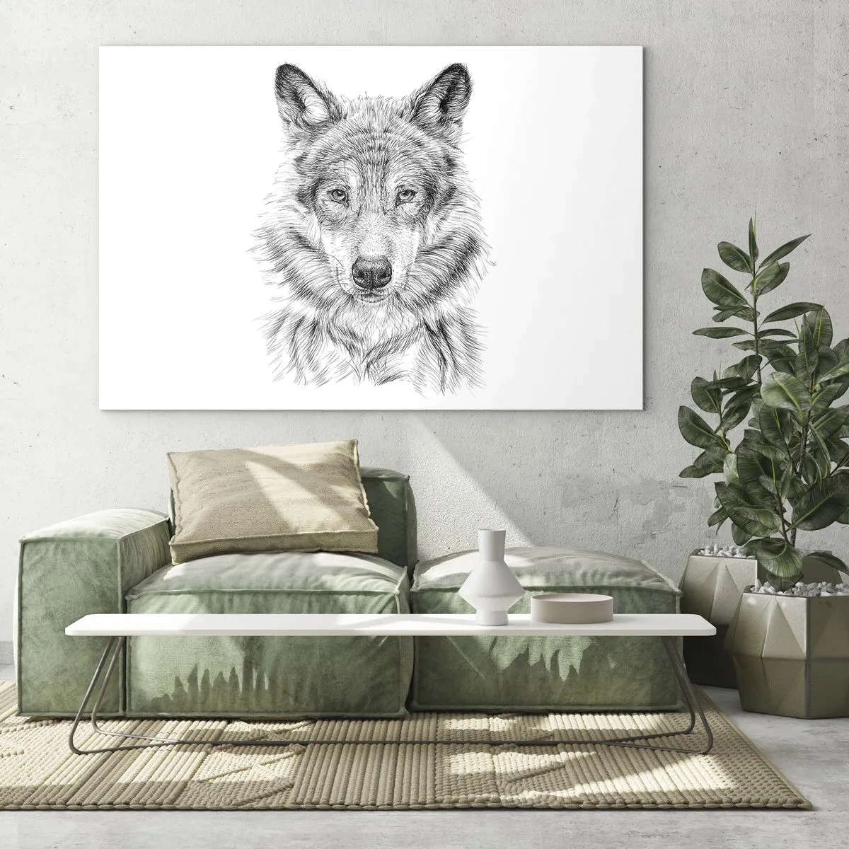 Üveg kép - Fekete-fehér vázlat egy farkas fejéről fehér alapon - 70x50cm - Született vezető - Modern fali dekoráció nappalihoz és hálószobához ARTTOR