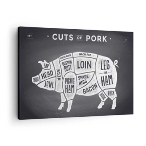 Vászonkép - Sertéshúsdarabok diagramja fekete háttéren - 70x50cm - Mészáros ábécéskönyve - Modern fali dekoráció nappalihoz és hálószobához ARTTOR