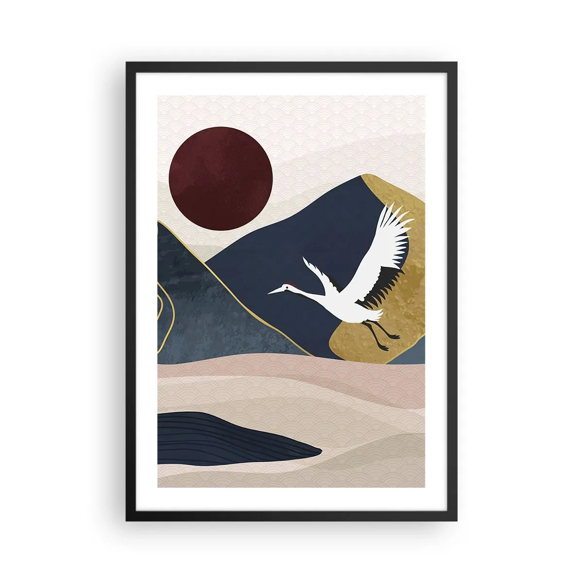 Poszter fehér keretben - Minimalista grafika daruval és hegyi tájjal - 50x70cm - És ismét ELREPÜLT a nap - Modern fali dekoráció nappalihoz és hálószobához ARTTOR