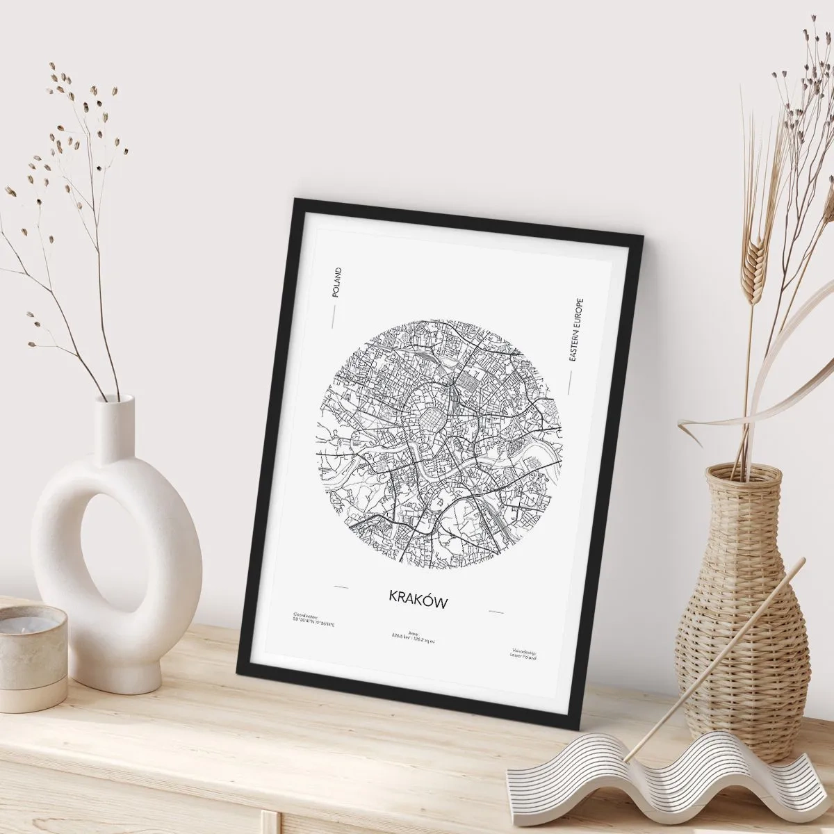 Poszter fehér keretben - Krakkó minimalista térképe körben - 50x70cm - Krakkó anatómiája - Modern fali dekoráció nappalihoz és hálószobához ARTTOR