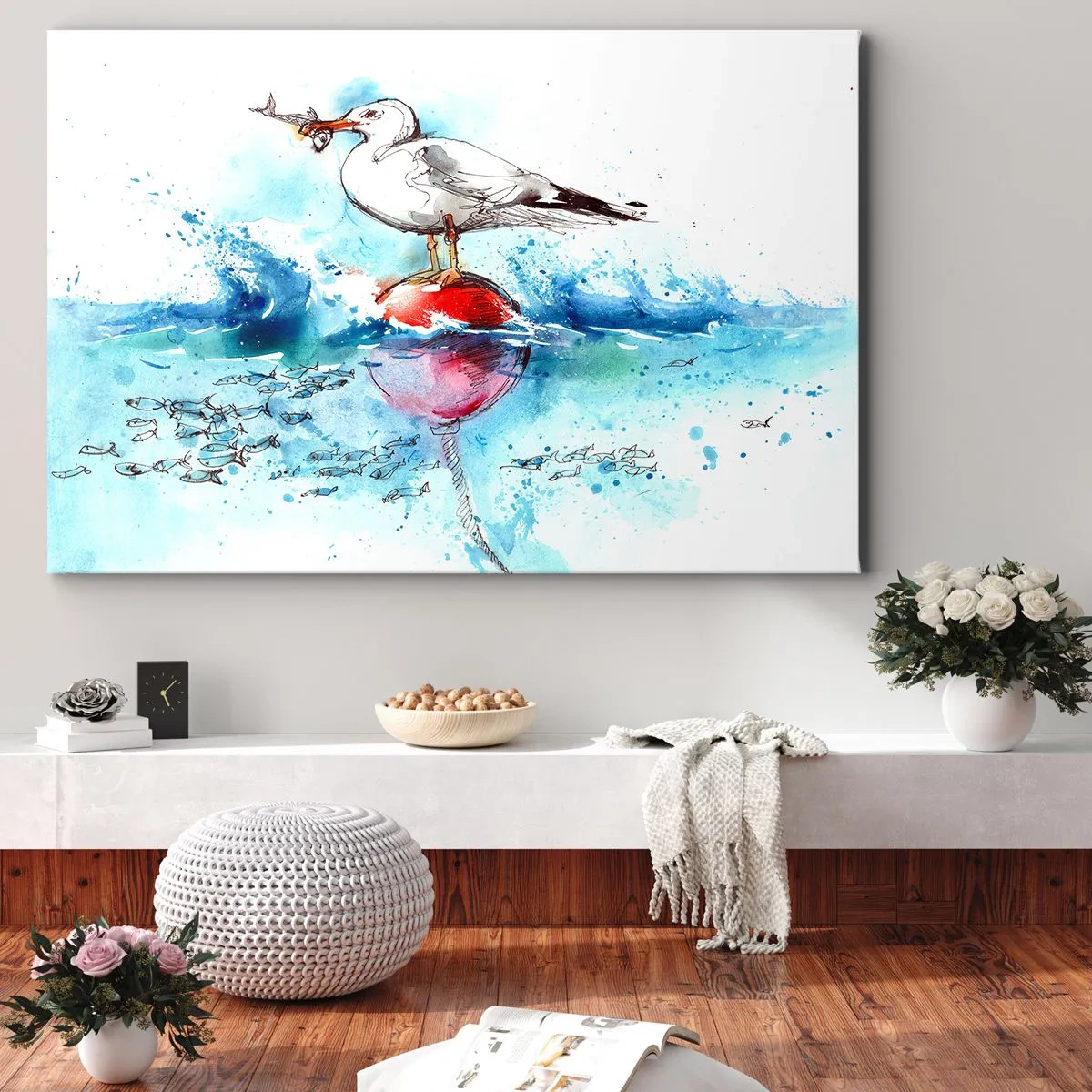 Vászonkép - Sirály egy bóján, halakkal a háttérben akvarell stílusban - 70x50cm - Sikeres fogás - Modern fali dekoráció nappalihoz és hálószobához ARTTOR
