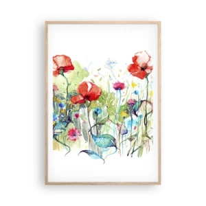 Poszter világos tölgy keretben - Virágzó májusi rét - 70x100 cm