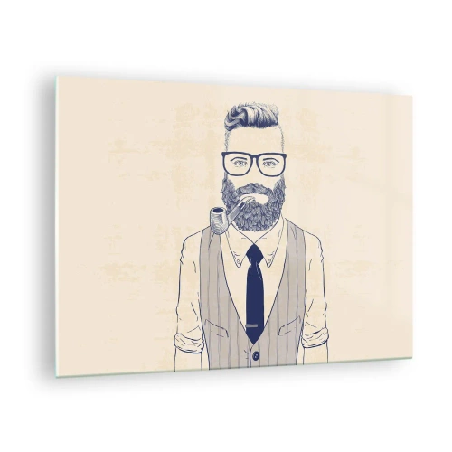 Üveg kép - Egy stilizált férfi szakállal, szemüveggel és pipával világos háttér előtt. - 70x50cm - Vidám, férfias és divatos - Modern fali dekoráció nappalihoz és hálószobához ARTTOR
