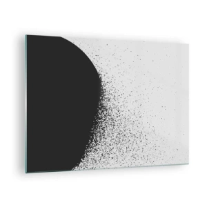 Üveg kép - Egy fekete tömeg absztrakciója, amely szétesik fehér alapon - 70x50cm - Molekulák mozgása - Modern fali dekoráció nappalihoz és hálószobához ARTTOR