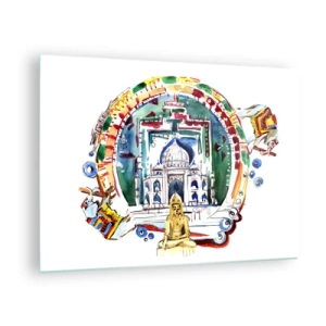 Üveg kép - Indiai nevezetességek színes illusztrációja akvarell stílusban - 70x50cm - Hindu világegyensúly - Modern fali dekoráció nappalihoz és hálószobához ARTTOR
