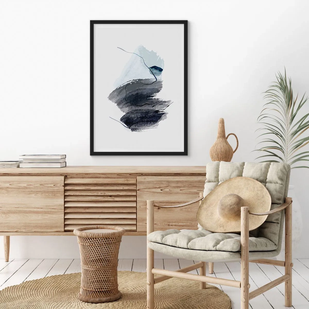 Poszter fehér keretben - Absztrakt ecsetvonások szürke árnyalatokban - 50x70cm - Intenzitás és mozgás - Modern fali dekoráció nappalihoz és hálószobához ARTTOR