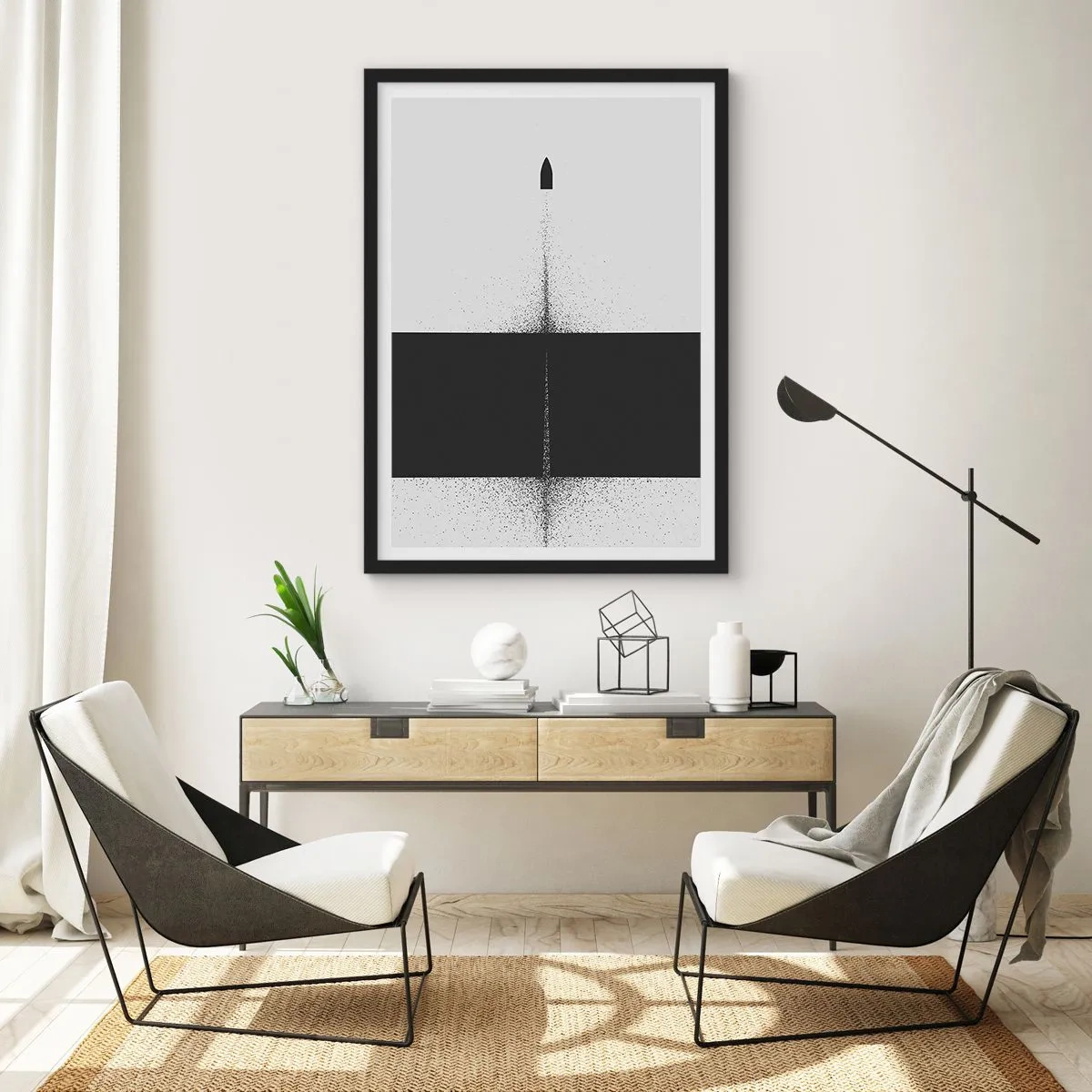 Poszter fehér keretben - Minimalista absztrakció rakétával kettéosztott háttéren - 50x70cm - Egyenesen a cél felé - Modern fali dekoráció nappalihoz és hálószobához ARTTOR