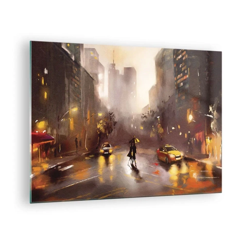 Üveg kép - Város éjszaka az esőben taxikkal és egy pár sziluettjével - 70x50cm - New York fényében - Modern fali dekoráció nappalihoz és hálószobához ARTTOR