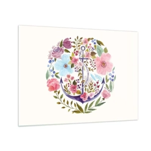 Üveg kép - Egy horgony, színes akvarellvirágokkal körülvéve - 70x50cm - Egy tengerész jó éjszakai alvása - Modern fali dekoráció nappalihoz és hálószobához ARTTOR