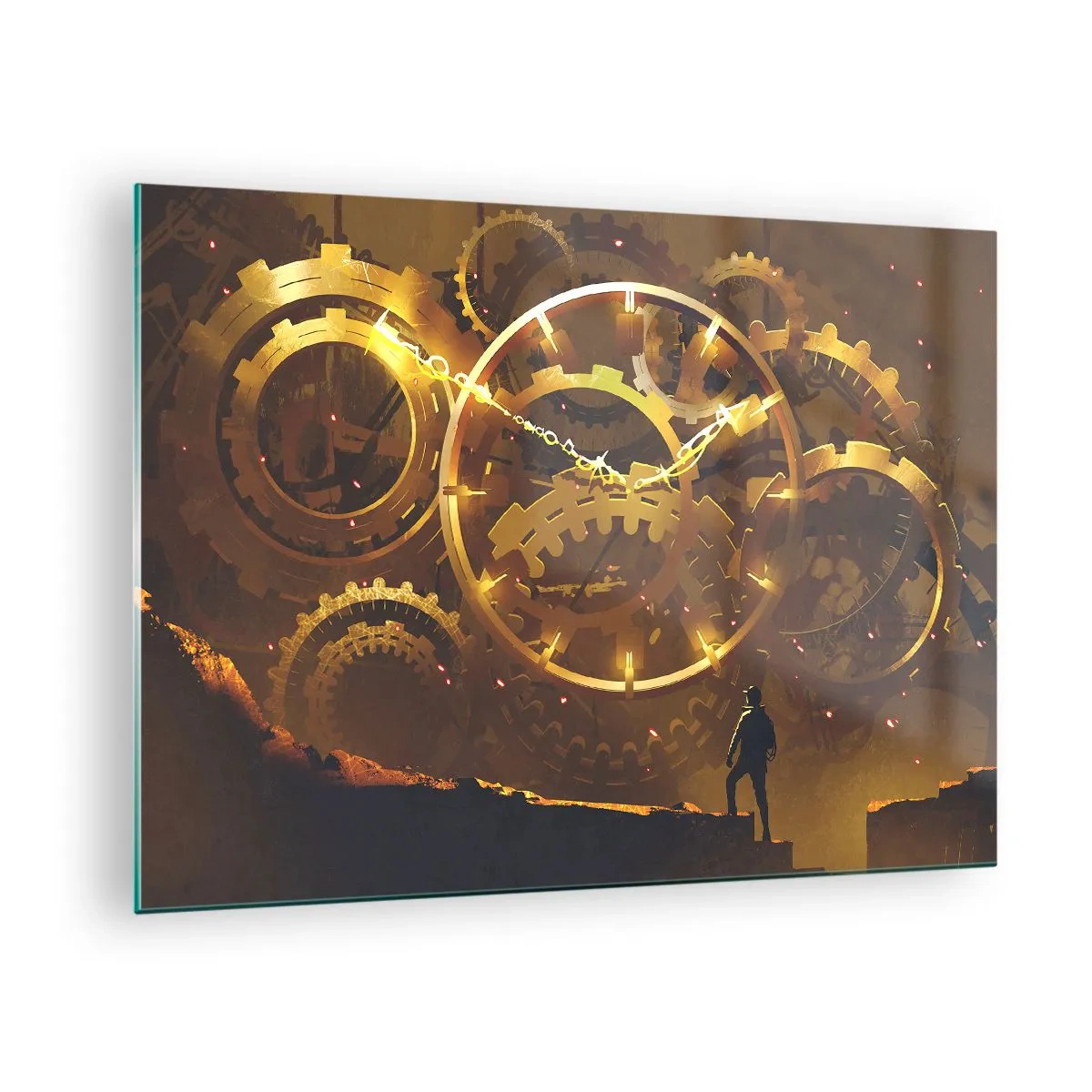 Üveg kép - Arany steampunk fogaskerekek háttérvilágítással egy emberi sziluett előtt - 70x50cm - Az idő forrásánál - Modern fali dekoráció nappalihoz és hálószobához ARTTOR