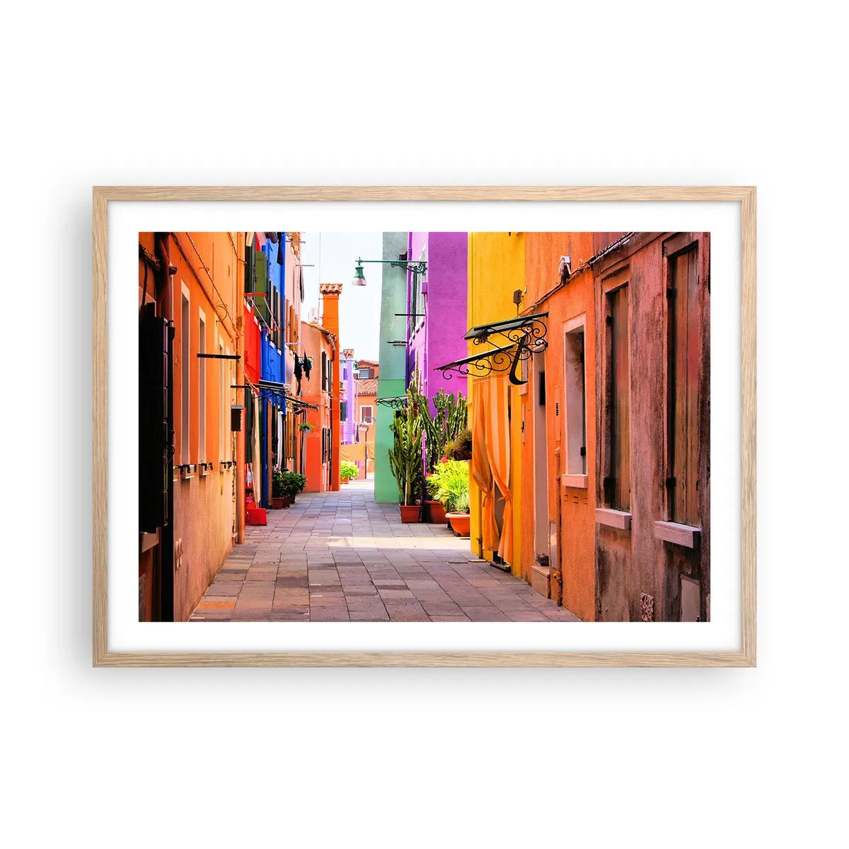 Poszter világos tölgy keretben - Szivárványos sikátor - 70x50 cm