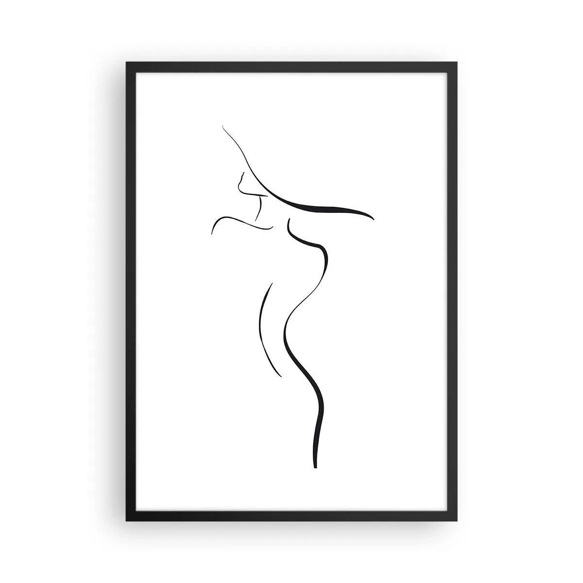 Poszter fehér keretben - Egy minimalista nő sziluettje, fekete vonallal rajzolva. - 50x70cm - Megfoghatatlan, mint egy hullám - Modern fali dekoráció nappalihoz és hálószobához ARTTOR