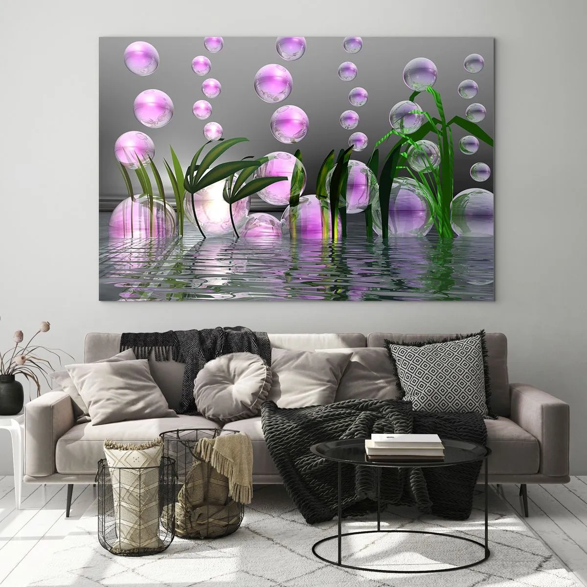 Üveg kép - Lila buborékok lebegnek a víz felett növényekkel - 70x50cm - A könnyedség és az élet tükröződő kompozíciója - Modern fali dekoráció nappalihoz és hálószobához ARTTOR