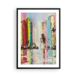 Poszter fehér keretben - Egy nő színes épületek között impresszionista stílusban - 50x70cm - Kövessél - Modern fali dekoráció nappalihoz és hálószobához ARTTOR