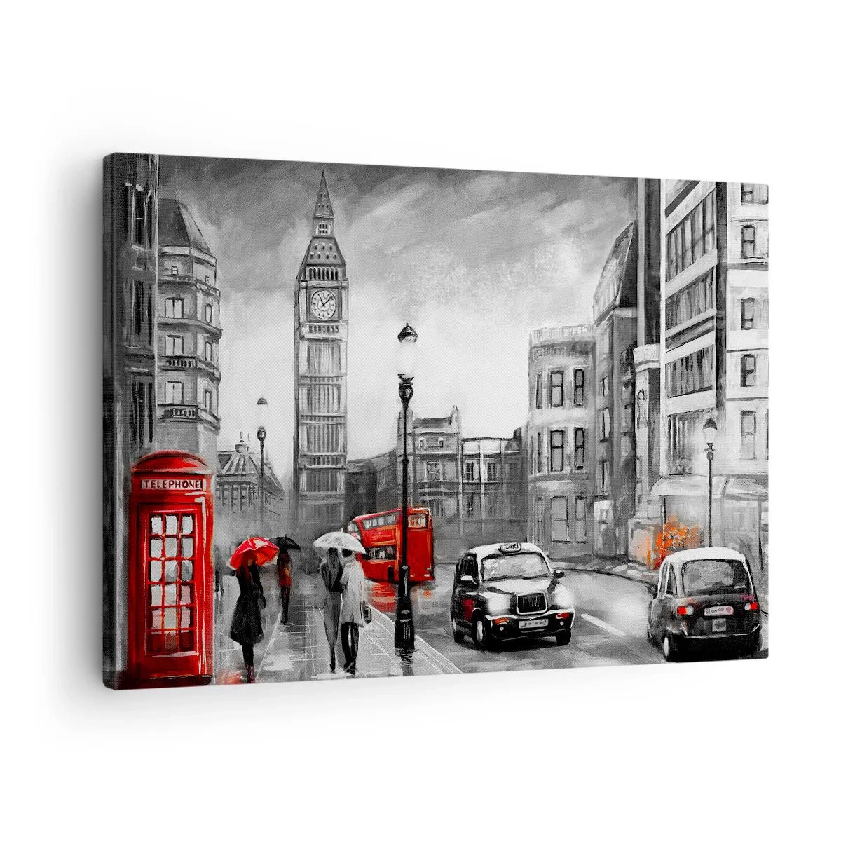 Vászonkép - Egy londoni jelenet fekete-fehérben, piros díszítéssel - 70x50cm - Egyáltalán nem szürke város - Modern fali dekoráció nappalihoz és hálószobához ARTTOR