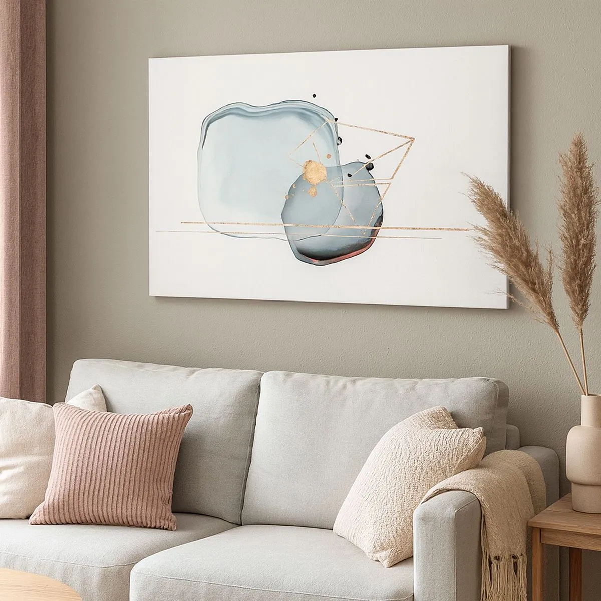 Vászonkép - Absztrakt formák kék és arany árnyalatokban fehér alapon - 70x50cm - Cseppek tanulmánya - Modern fali dekoráció nappalihoz és hálószobához ARTTOR