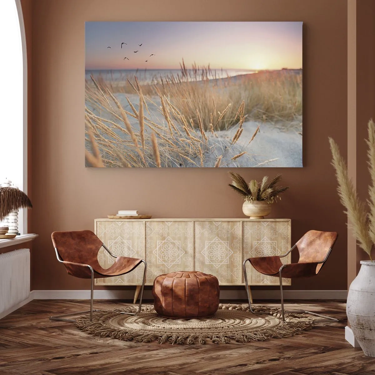 Vászonkép - Naplemente strand magas fűvel - 70x50cm - A balti altatódal - Modern fali dekoráció nappalihoz és hálószobához ARTTOR