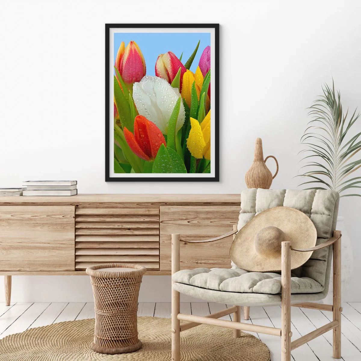 Poszter fehér keretben - Színes tulipánok harmatcseppekkel a szirmaikon - 50x70cm - Virágos szivárvány harmatcseppekben - Modern fali dekoráció nappalihoz és hálószobához ARTTOR