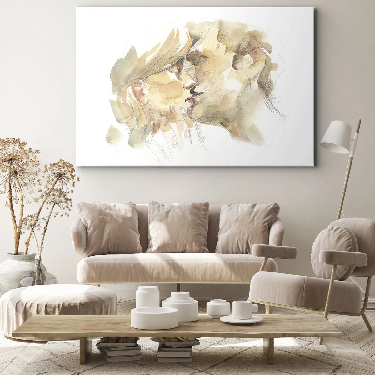 Vászonkép - Romantikus akvarell portré egy csókolózó párról - 70x50cm - Meglelt másik fél? - Modern fali dekoráció nappalihoz és hálószobához ARTTOR